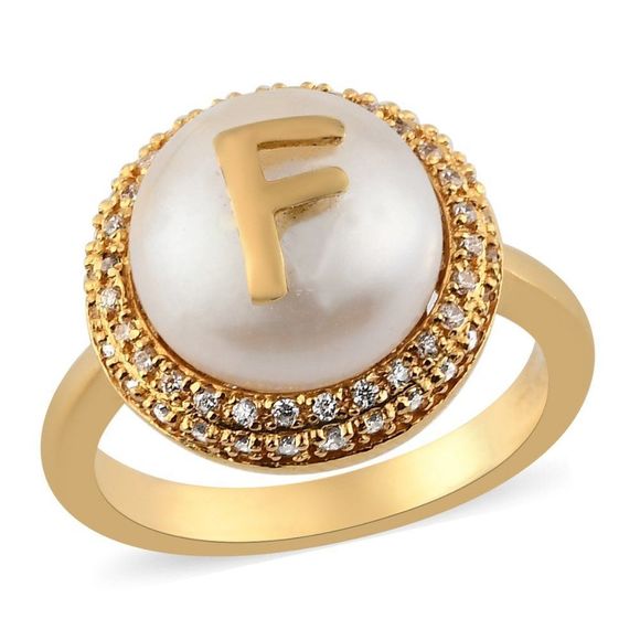Freshwater Pearl 12mm and Simulated Diamond Initial F Ring in 18K YG Pla… - Picture 1 of 8